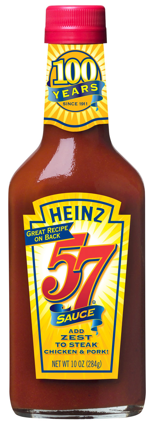 Heinz 57 Sauce 100th anniversary bottle Heinz(R) 57(R) Sauce is celebrating 100 years of adding zest and flavor to meals. To celebrate a century of grilling, specially marked 100th anniversary bottles will be on store shelves nationwide in July.